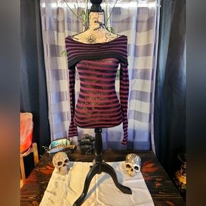 GUESS Purple & Black Striped Off Shoulder Thin Long Sleeve